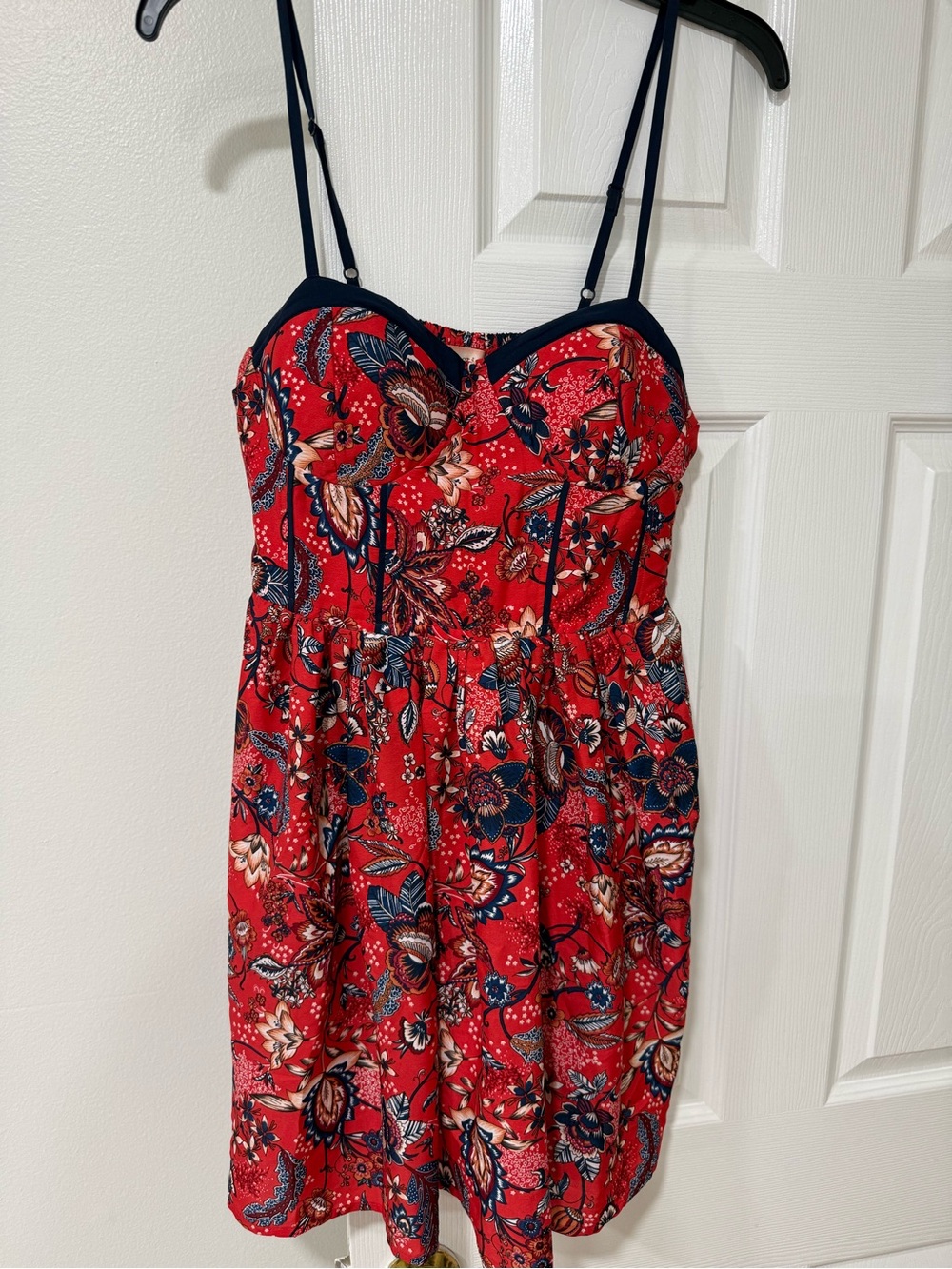 Red Floral Mini Dress with Navy Trim